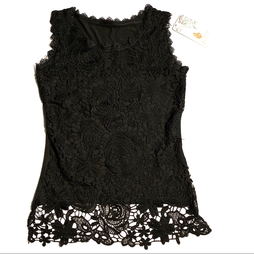Black Sleeveless Top Crochet Flower Overlay NWT